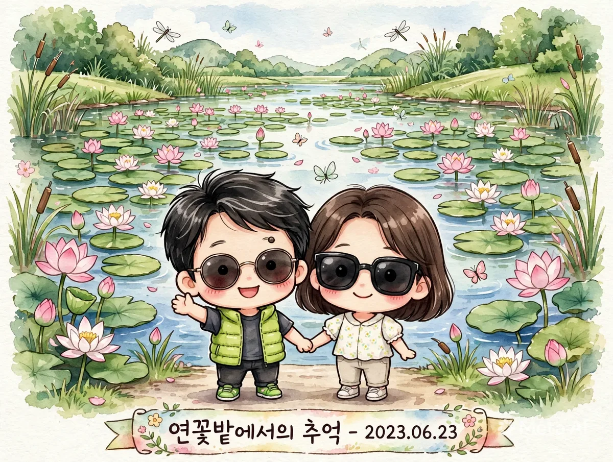 연꽃밭에서 손잡은 부부 캐릭터